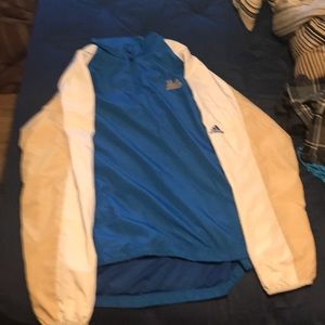 Adidas, windbreaker, large, blue,white and gold.